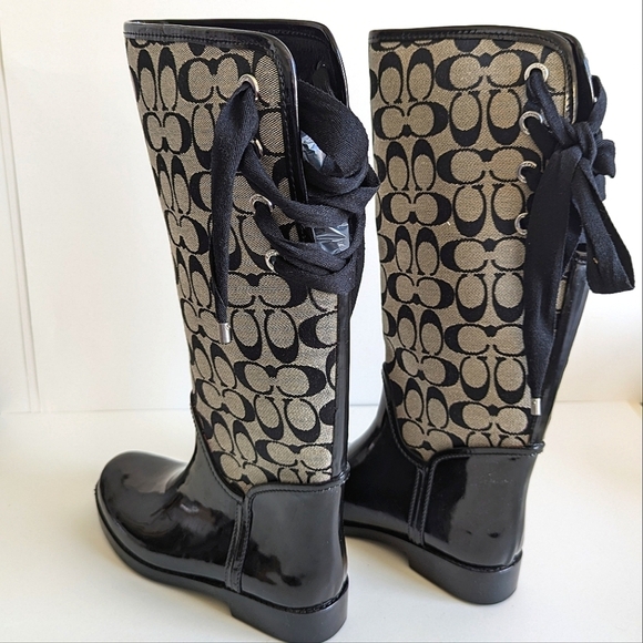 Coach Tristee Black Khaki Monogram Knee-High Rain Boots Corset Lacing - sz 8 - Picture 4 of 13